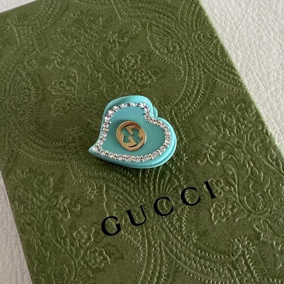 NEW Gucci Heart Shaped Hair Clip with Intertwined G's Blue Green Crystal - Picture 7 of 8